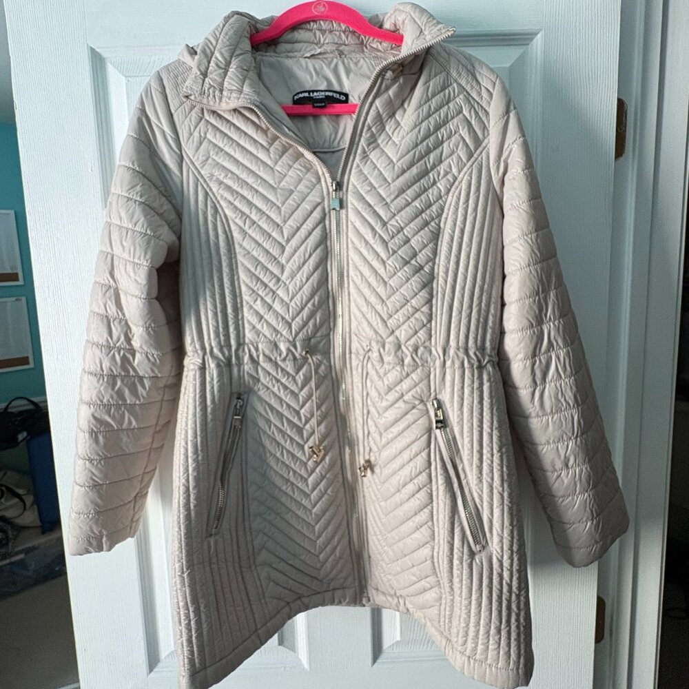 Karl Lagerfeld Paris Quilted Tan Winter Jacket with Hood
